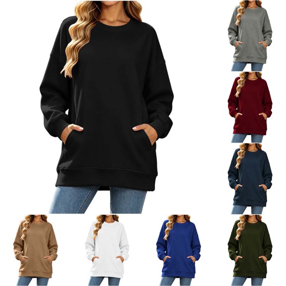 DYTTDG Women's Crew Neck Oversized Loose Fit Sweatshirt, Solid Color Long Sleeve Casual Pullover Top With Side Pockets And Ribbed Cuffs Hem (S-XXL)