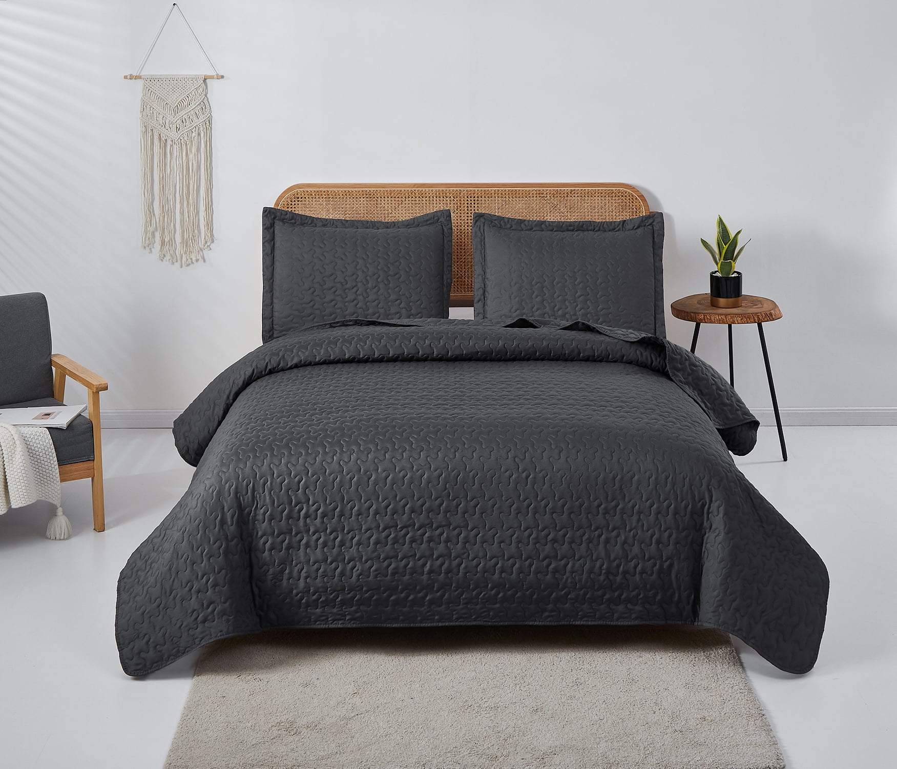 Jessy Home Quilt Set Queen/Full Solid Gray Quilt Floral Microfiber