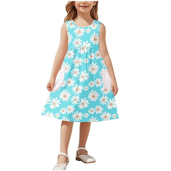 Agkizg Girls Sleeveless Tank Dresses Crewneck Floral Print Casual A Line Flower Girl Sundress Dresses