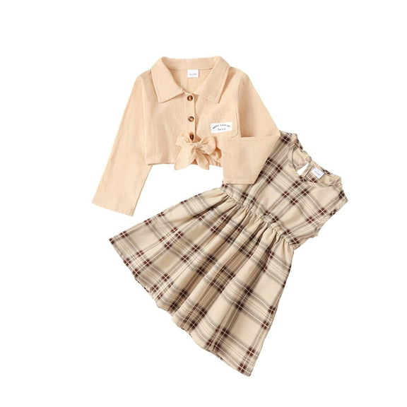 Kucnuzki Infant Baby Girl Clothes 18 Months Fall Winter Dress 24 Months Long Sleeve Short Coat Sleeveless Checkboard Prints High-Waist Dress 2PCS Set Apricot