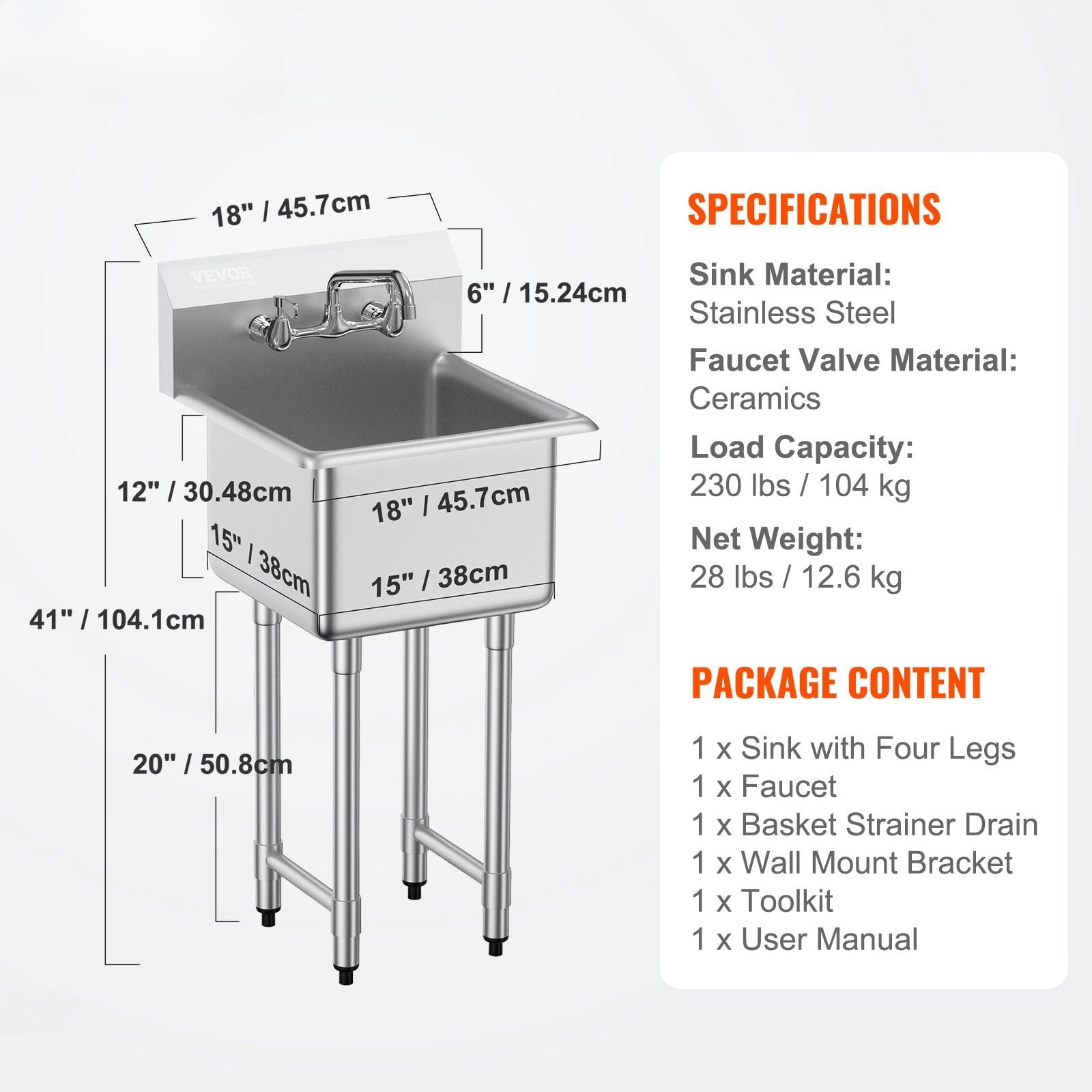 Stainless Steel Utility Sink with Faucet & Legs, 18x41 Inch Single Bowl, NSF Certified for Kitchen, Garage, Laundry – Commercial Grade