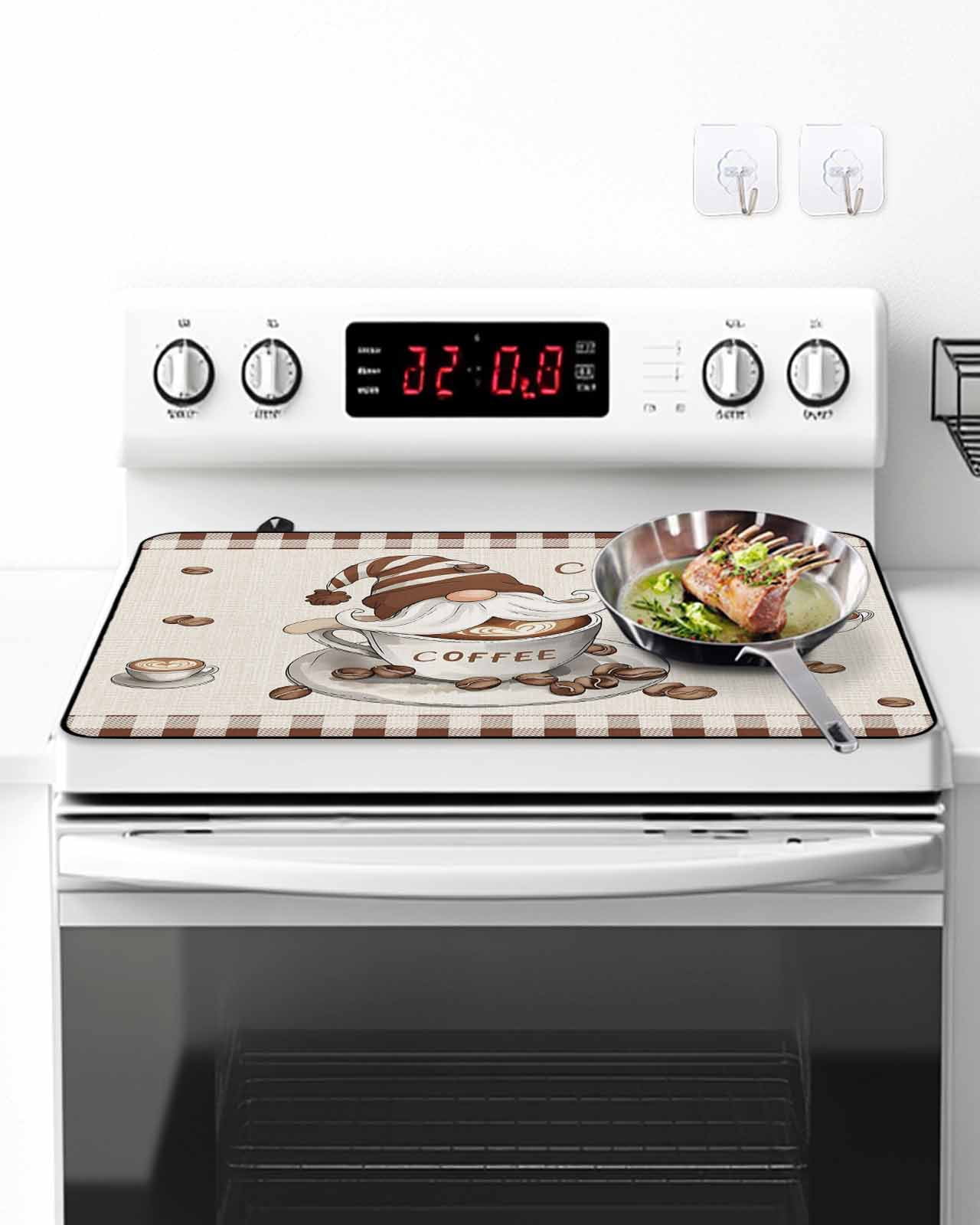 Stove Top Covers for Electric Stove, Coffee Gnomes Glass Stovetop Cover Protector, Farmhouse Brown Plaid Teacup Beans Induction Cooktop Protector Oven Mat for Kitchen Countertop 31"x24"