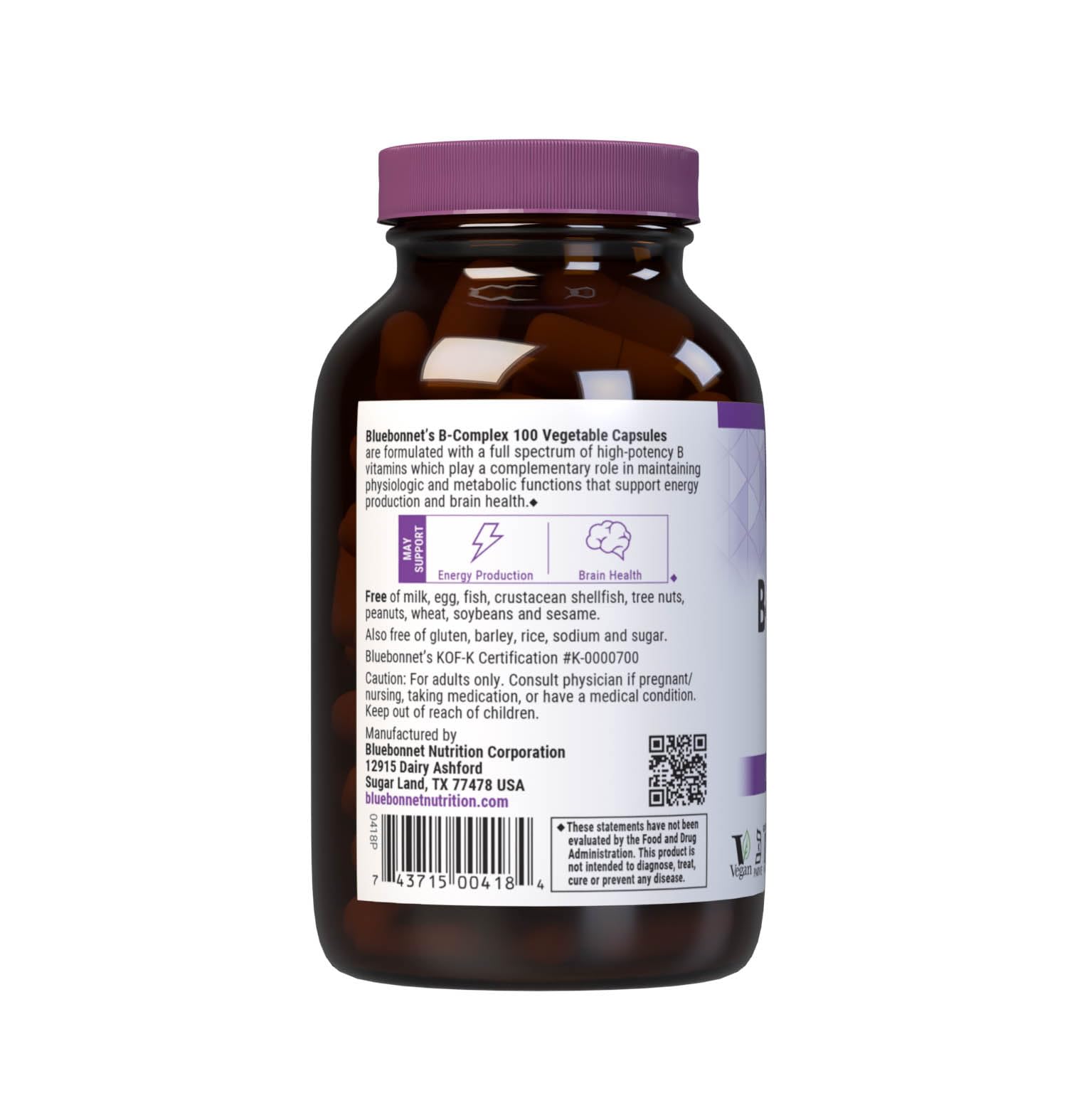 Bluebonnet B Complex Full Spectrum - Vitamin B6, B12, Biotin, Folate - 100 Vegetarian Caps