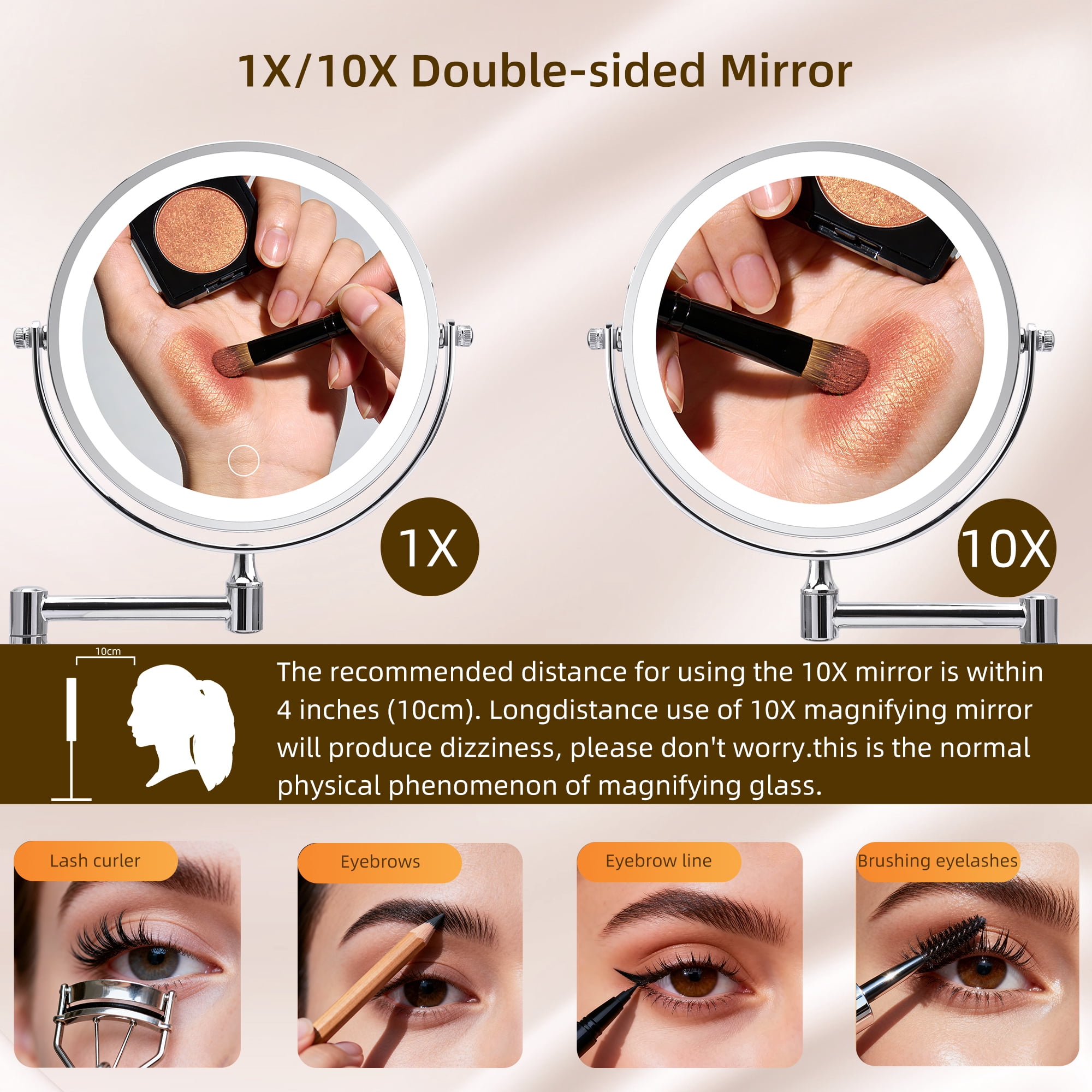 8-Inch Rechargeable Wall Mounted Makeup Mirror with Lights and 1X/10X Magnification, Double-Sided Bathroom Shaving Mirror, Chrome