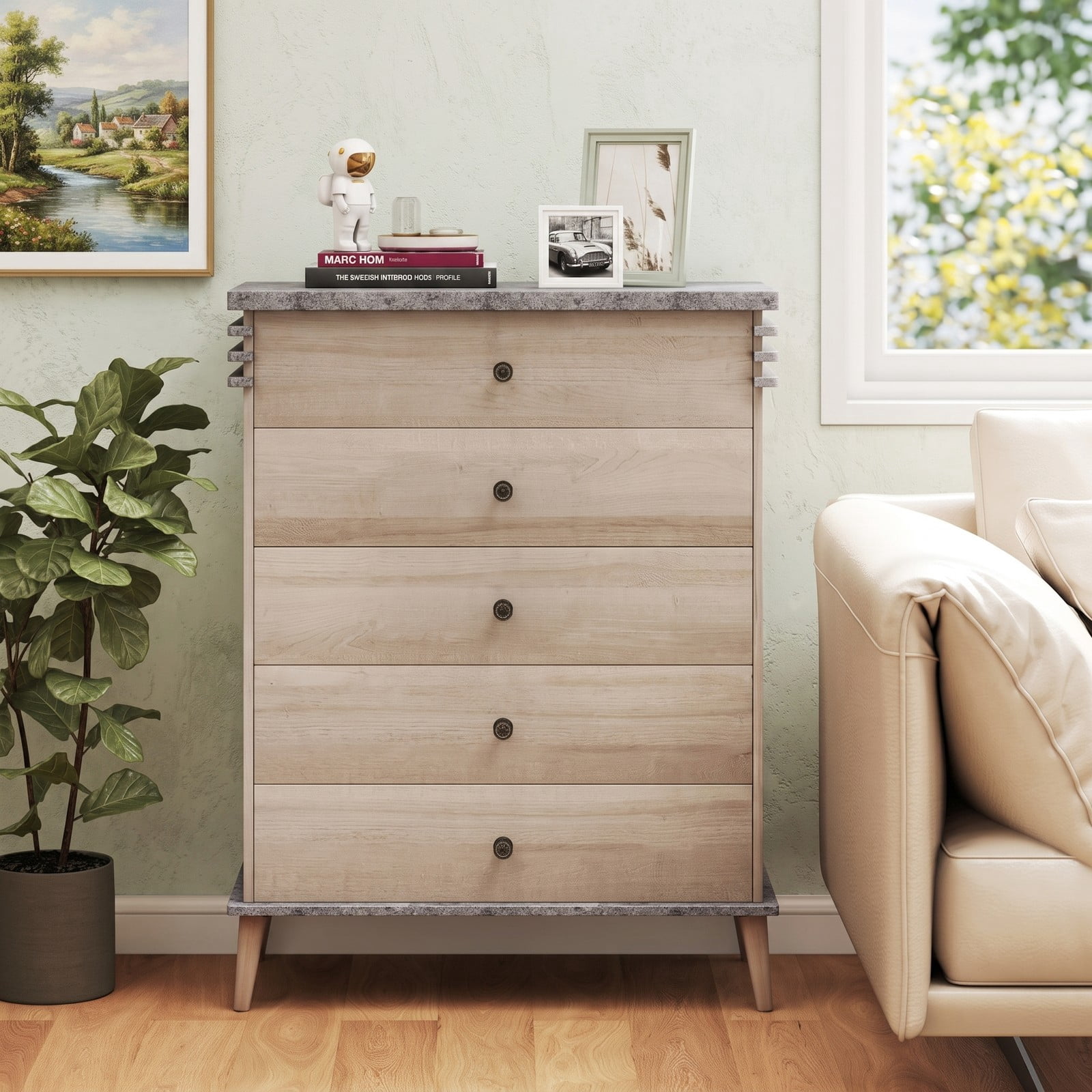 Furnibear Farmhouse 5-Drawer Tall Dresser with Metal Knobs and Solid Wood Legs for Bedroom and Closet Storage, Antique Grey and Natural