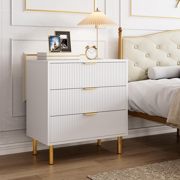 EcoSummer White 3 Drawer Dresser with Gold Handles, Modern Wood Chest of Drawers for Bedroom, Living Room & Entryway Storage Organizer