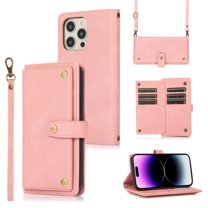 Feishell Crossbody Wallet Case for Apple iPhone 13 Pro 6.1 inch,for Women Men,Retro PU Leather Magnetic Button Flip Stand Credit Card Holder Phone Case with Adjustable Shoulder Strap,Pink