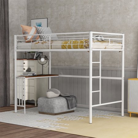 Metal Loft Bed with Desk  Twin Size Loft Bed Frame with Full-Length Guardrails  Ladder and Slats Support  Multifunctional Loft Bed with Under-Bed Storage & Workstation  No Box Spring Needed  White