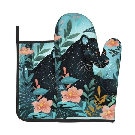 

Tebeau Black Panther Floral Illustration Print Oven Mitts and Pan Racks 2-Piece Set Kitchen Oven Mitts and Pan Racks Heat Resistant 500 °F for Baking and Cooking