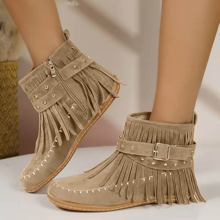 IUJSOY Cowboy Boots for Women Suede Fringe Ankle Booties Vintage