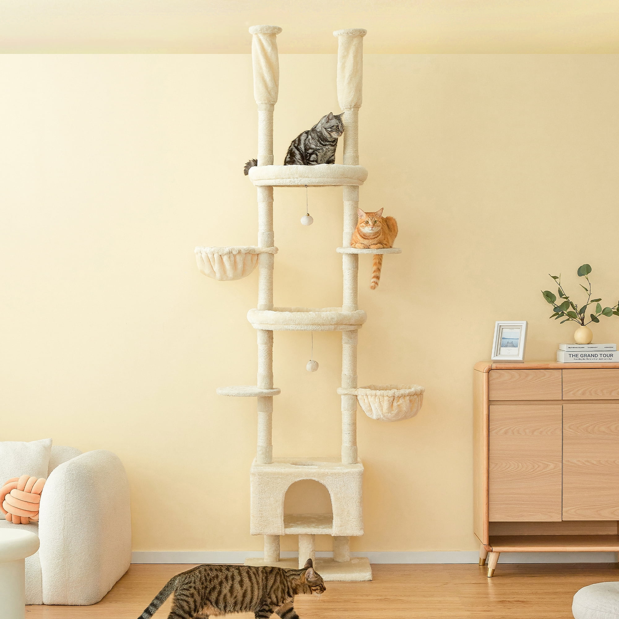 Furcato Cat Tree, Floor to Ceiling Cat Tower Adjustable Height [92.9-102.4 in=235-258cm], 7 Tiers Cat Climbing Play House, Beige