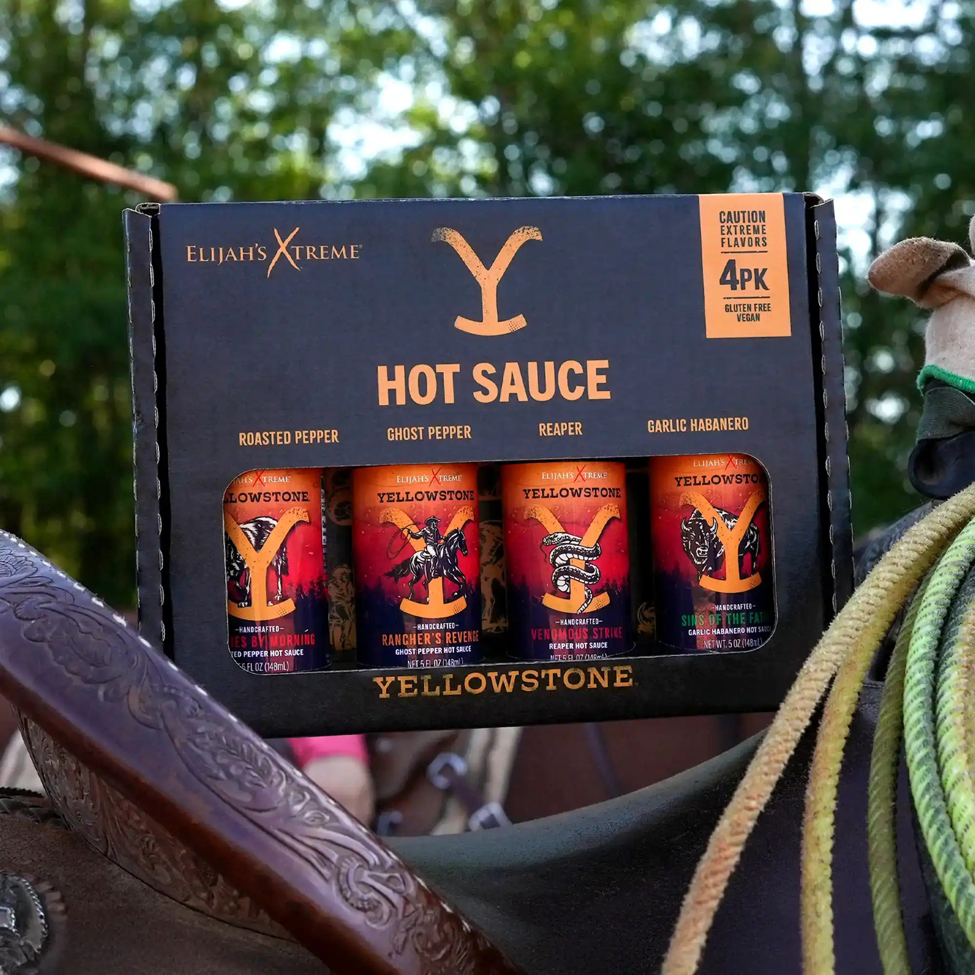 Elijah's Xtreme + Yellowstone Hot Sauce Variety Pack 4 Flavors, Garlic Habanero, Fire Roasted Jalapeno, Fiery Ghost Pepper Sauce, Sweet Heat Reaper Sauce, 5oz Bottles