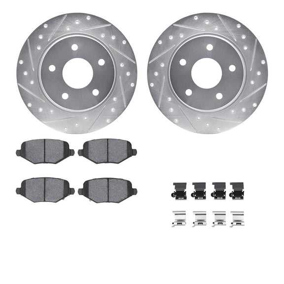 Dynamic Friction Company Rear Brake Rotors-Drilled and Slotted-Silver with 5000 Advanced Brake Pads includes Hardware 7512-40042
