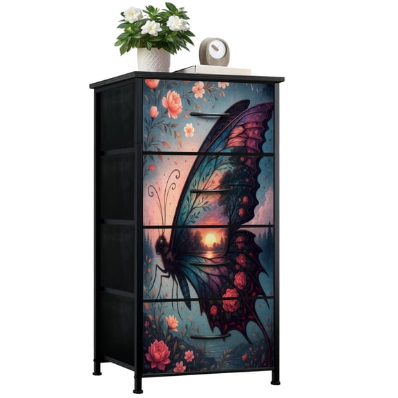 Dresser for Bedroom with 4 Storage Drawers Intricate Butterfly Wings Sunset Landscape Rose Motifs Dressers Chest of Drawers Steel Framed Fabric Closet Organizers for Entryway