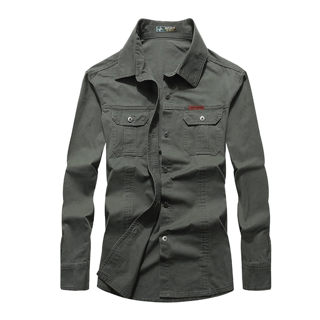 Hstore Mens Spring and Autumn Multi-Pocket Lapel Long Sleeve Cotton Workwear Shirt Top Green 