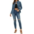 thumbnail image 2 of INSPIRE CHIC Women's Point Collar Long Sleeve Distressed Raw Hem Button Denim Shirt XS Blue, 2 of 6