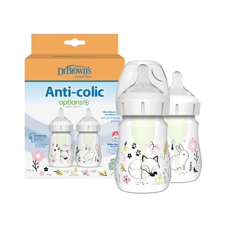 Dr. Brown’s Natural Flow Anti-Colic Options  Wide-Neck Baby Bottle Designer Edition Bottles, Woodland Decos, 5 oz/150 mL, Level 1 Nipple, 2-Pack, 0m 