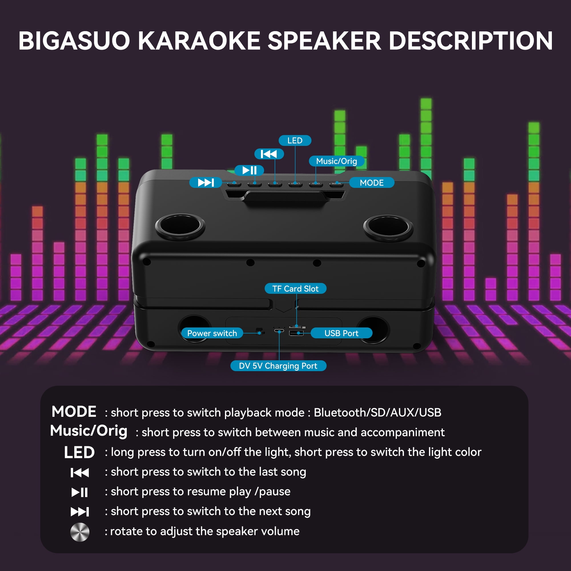 BIGASUO Karaoke Machine, Portable Bluetooth Speaker with 2 UHF Wireless Karaoke Microphones for Adults , Home Karaoke Singing Machine PA System with LED Lights, Supports TF Card/USB, Aux in