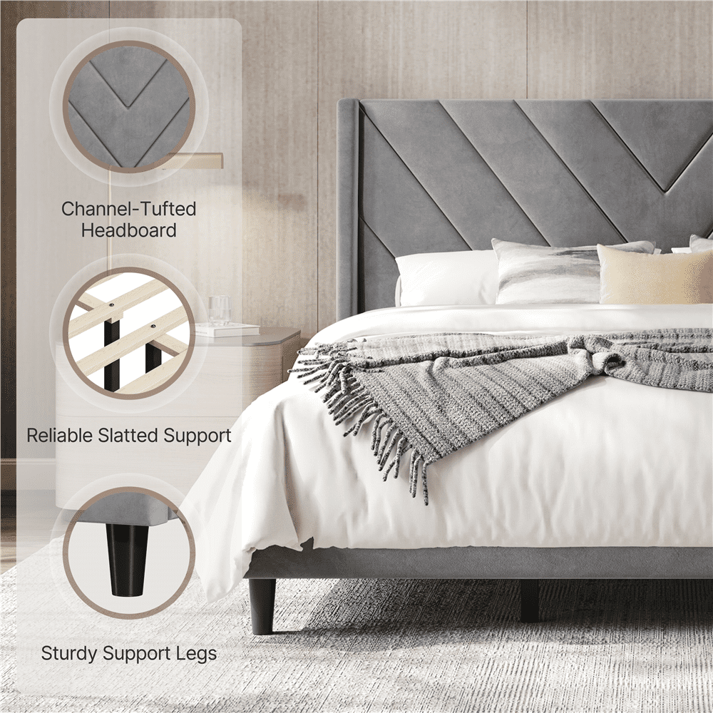 Renwick Upholstered Platform Bed Frame with Wooden Slat Support, King, Light Gray