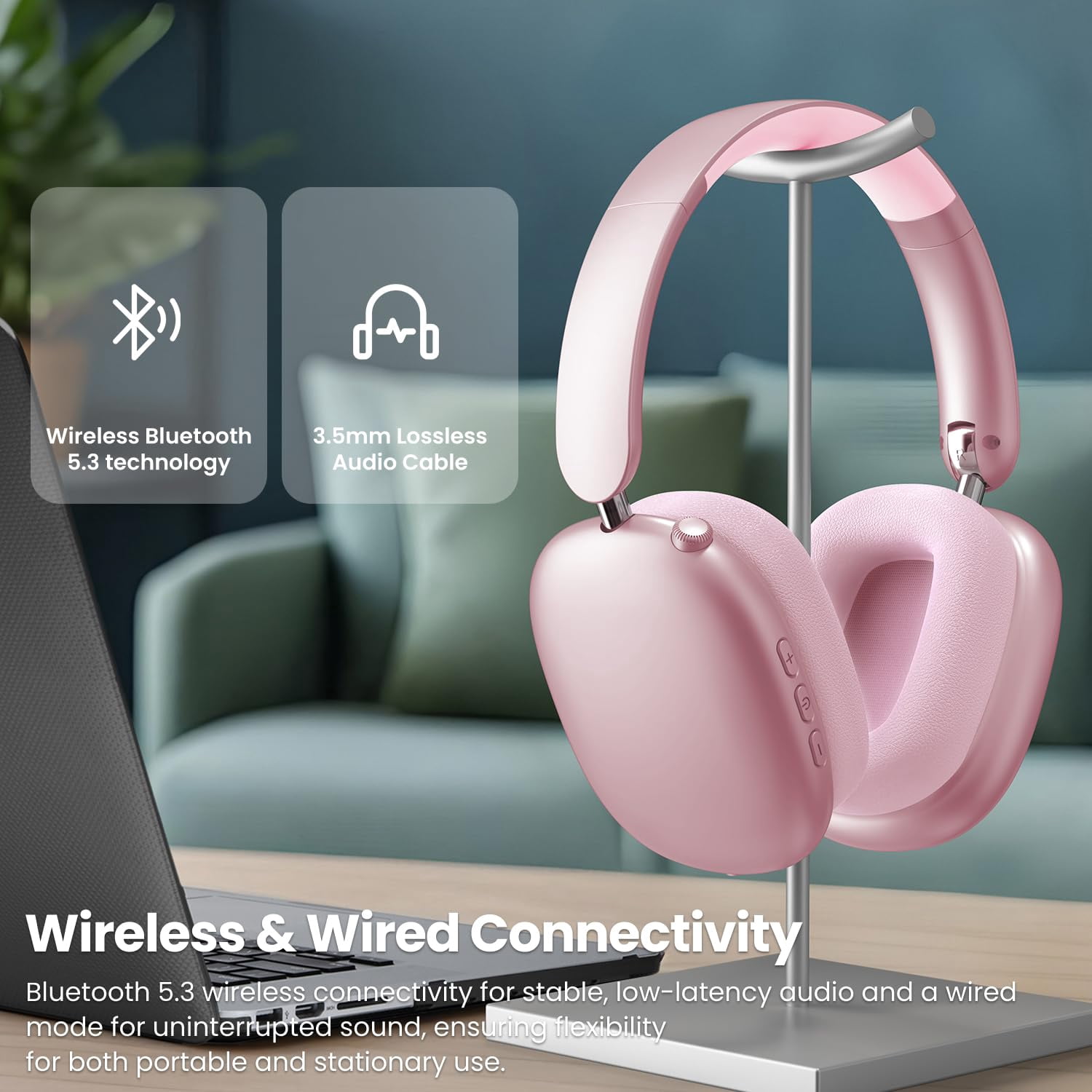 Mahipey Y01 Wireless Over-Ear Headphones with Active Noise Cancelling,Hi-Res Audio,48H Playtime,Foldable Design Bluetooth Headphones for iPhone/Samsung/Android/PC(Pink)