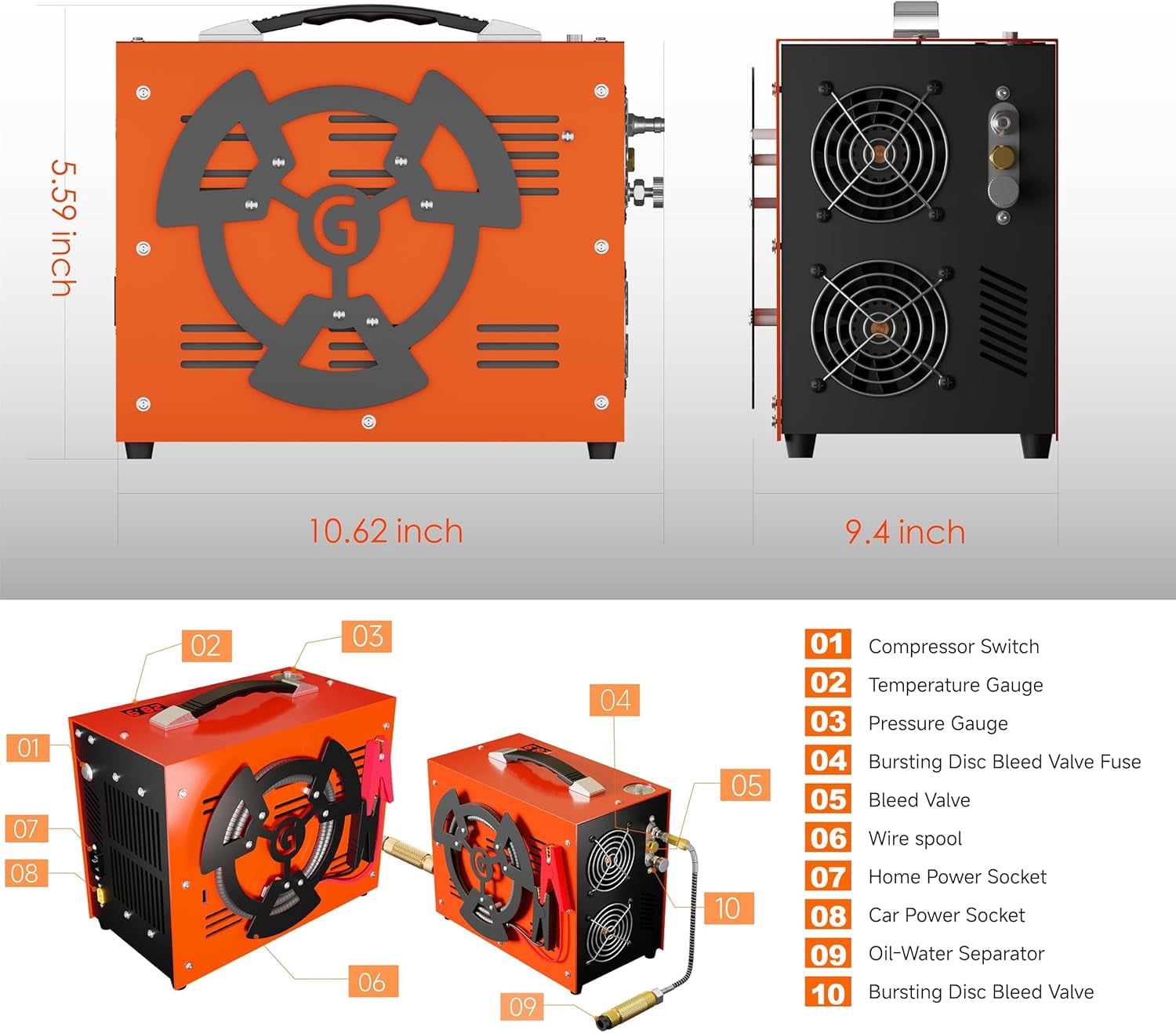Portable PCP Air Compressor, 4500 PSI/30 MPa Oil-Free Air Pump, 12V DC & 110/220V AC Dual Power for Air Rifles, Airguns & HPA Tanks