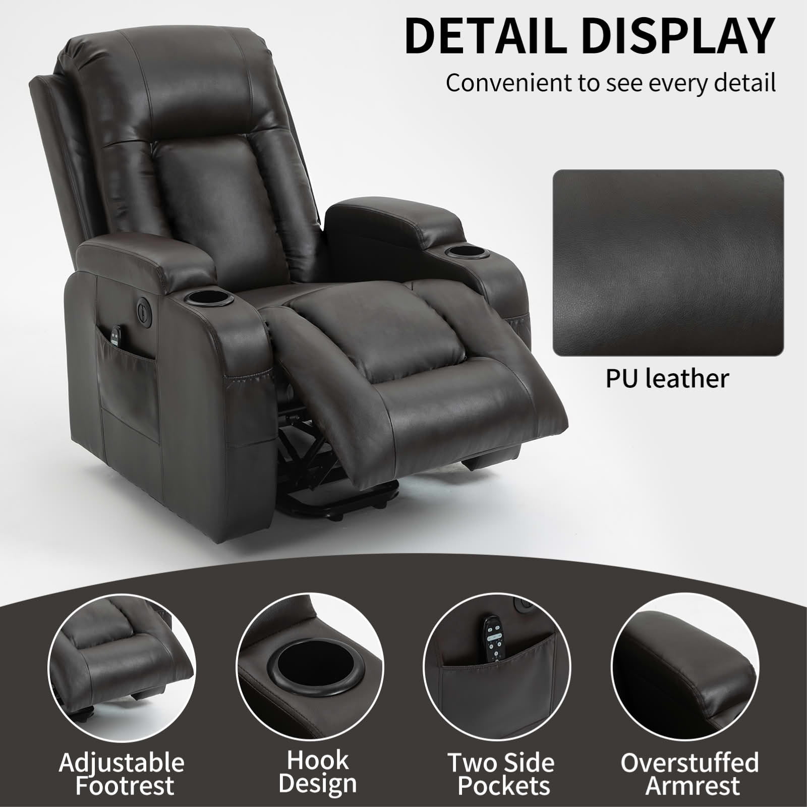 MAYEERTY Blue Chenille Power Lift Recliner, 350lbs Massage Heat USB-C Cup Holders 35"x29"x43"