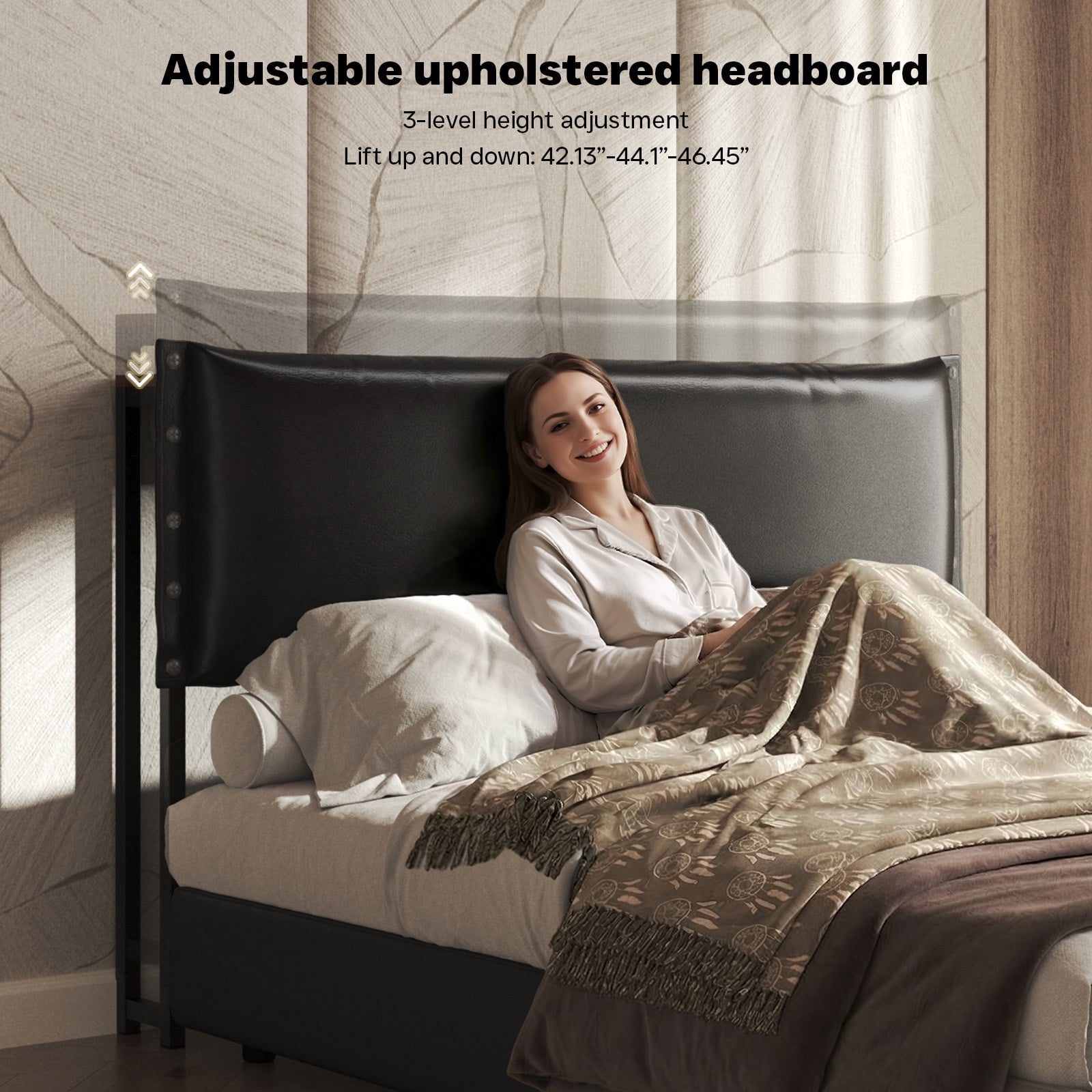 Patbrela Headboard Queen Size, Luxury Oil-Waxed Leather Upholstered Headboard with Adjustable Height Headboard from 42.1" to 46.1", Black