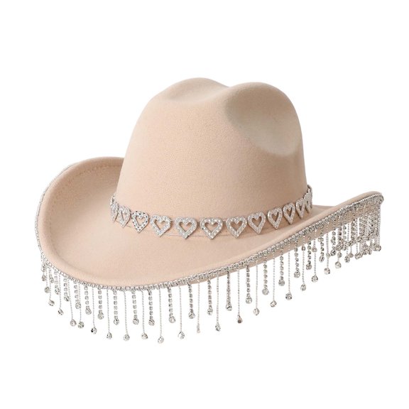Gtoiithly Western Cowboy Hat Featuring Decorative Heart Applique And Stylish Fringe Detail For Festive Events And Country Dance Khaki