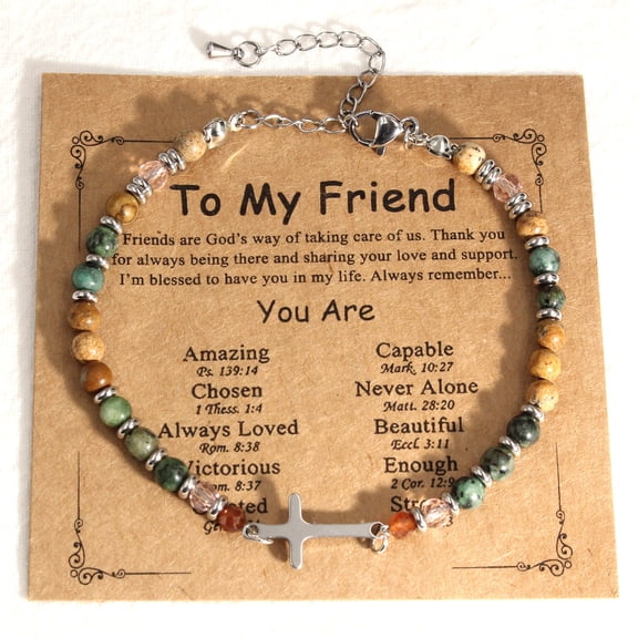 Christian Cross Beaded Bracelet for Women, Stainless Steel Gifts with "To My Friend" Card, for Friends on Valentine's Day, Confirmation, Baptism, Easter, Christmas
