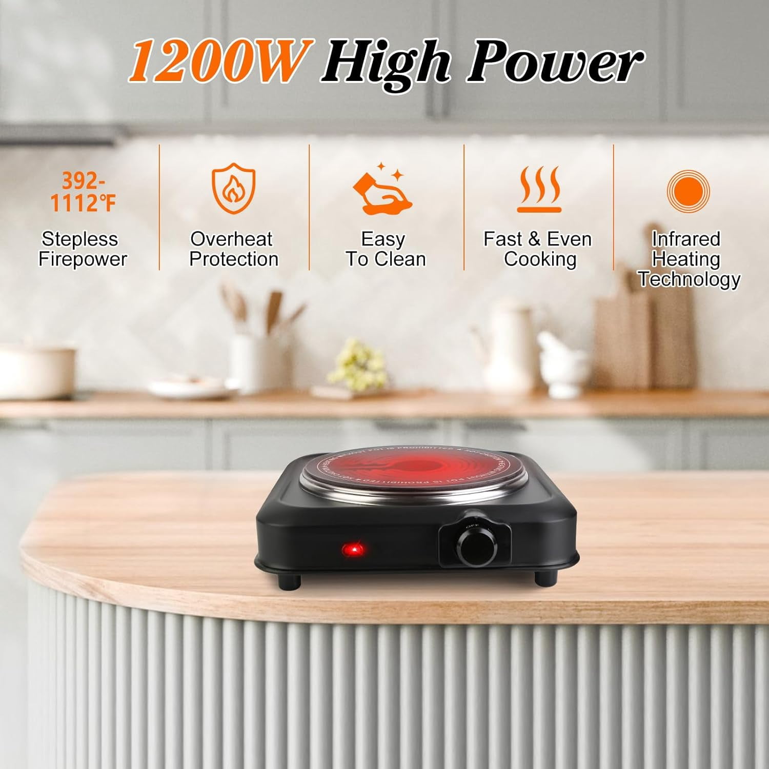 Hot Plates for Countertop, Battery Powered Hot Plate, Electric Hot Plate, 1200w Electric Infrared Single Burner,  Portable Counter Single Stove with 7.5” Glass Cooktop
