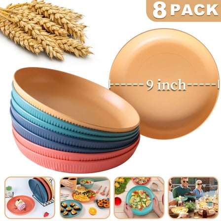 Reusable Lightweight Wheat Straw Plates, 9 Inch Deep Set of 8 for Dining