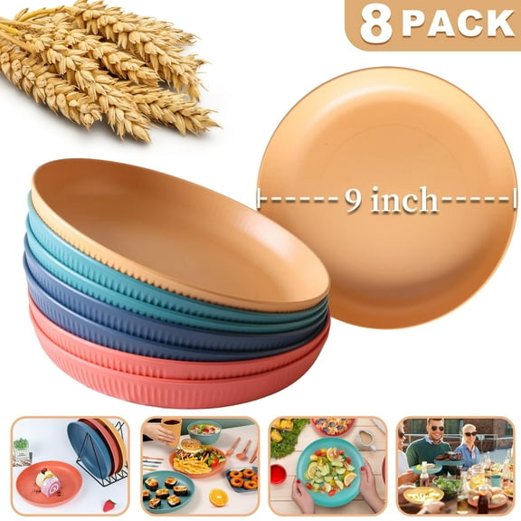 Reusable Lightweight Wheat Straw Plates, 9 Inch Deep Set of 8 for Dining