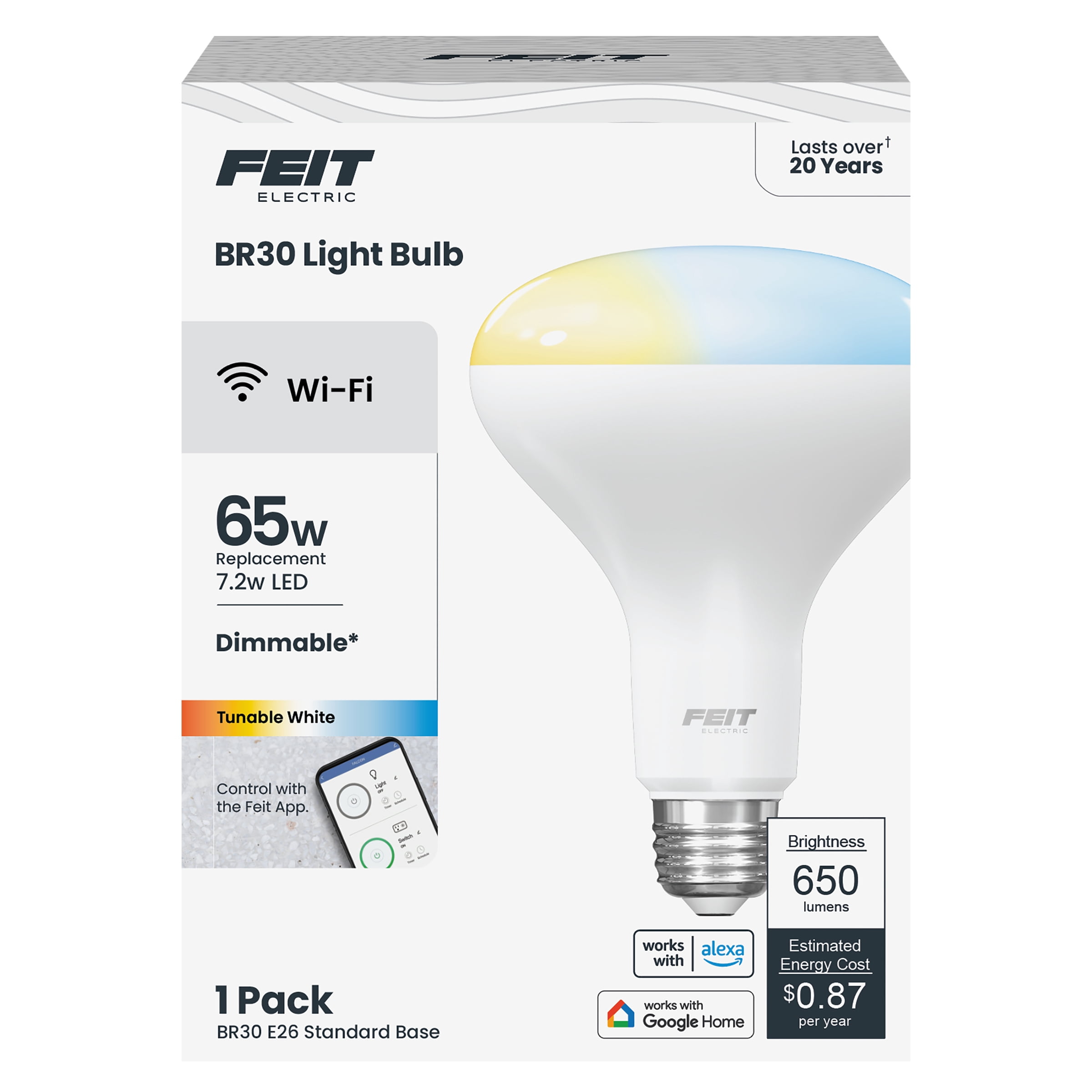(2 pack) Feit Electric Smart LED 7.2 Watt 5CCT Tunable White, A19, Medium E26 Base, Non-Dim, Wifi Light Bulb