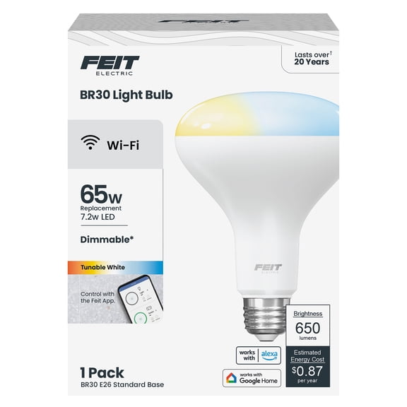 Feit Electric Smart LED 7.2 Watt 5CCT Tunable White, A19, Medium E26 Base, Non-Dim, Wifi Light Bulb