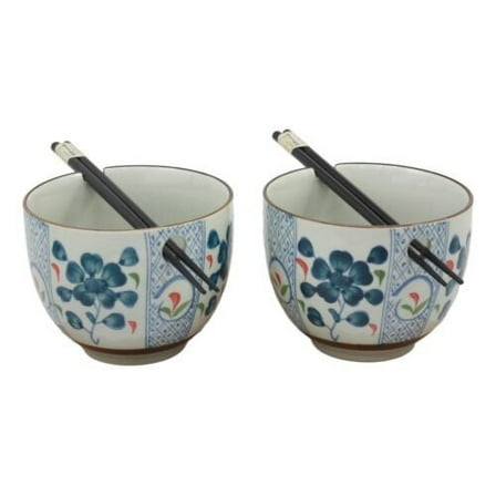 Japanese Design Ceramic Indigo Blossoms Ramen Noodles Bowl & Chopsticks Set of 2
