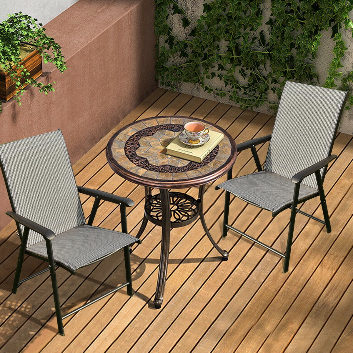 Gymax 2PCS Folding Chairs Steel Frame Patio Garden Outdoor w/ Armrest & Footrest