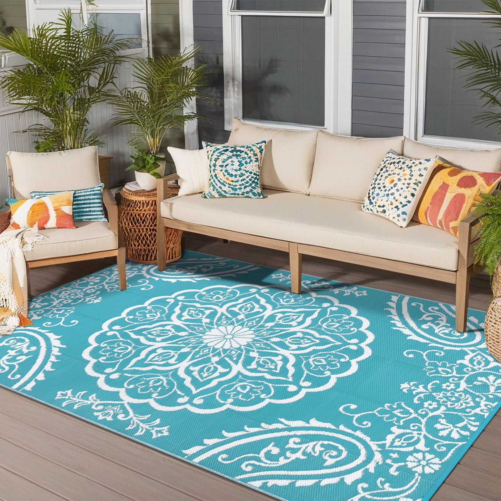 MeyJey 9'x12' Outdoor Rug, Patio Rug Waterproof RV Outdoor Rug Camping Rugs Reversible Plastic Mat for Camping, Balcony Apartment, Patio, Porch, Picnic, Beach, Teal