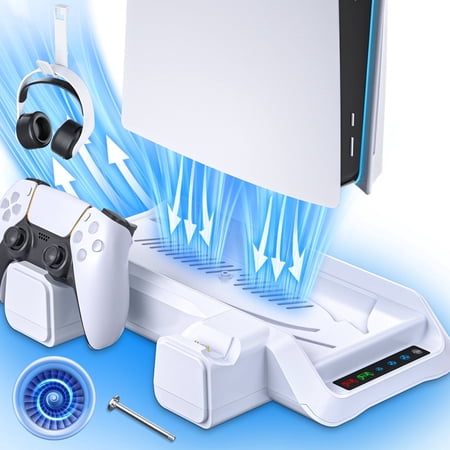 PS5 Stand with Cooling Fan, PS5 Cooling Station with Dual Controller Charging Station,PS5 Accessories for PS5 Standard Edition & Slim Edition & Pro Edition consoles - 3 Levels Fan White