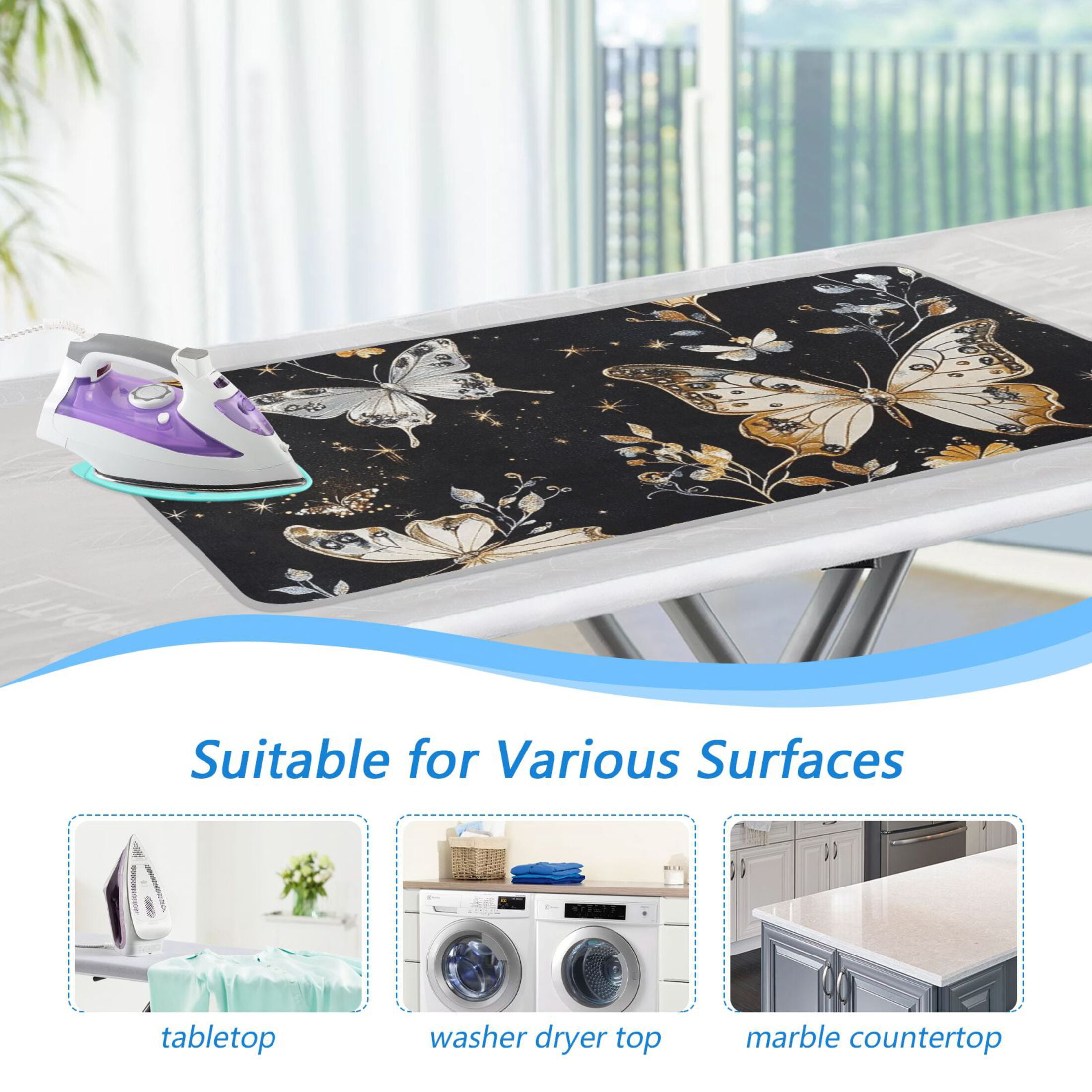 Gold Silver Butterflies Leaves Ironing Mat Blanket Portable Travel Ironing Pad Heat Resistant Pad 47.2" x 27.6”