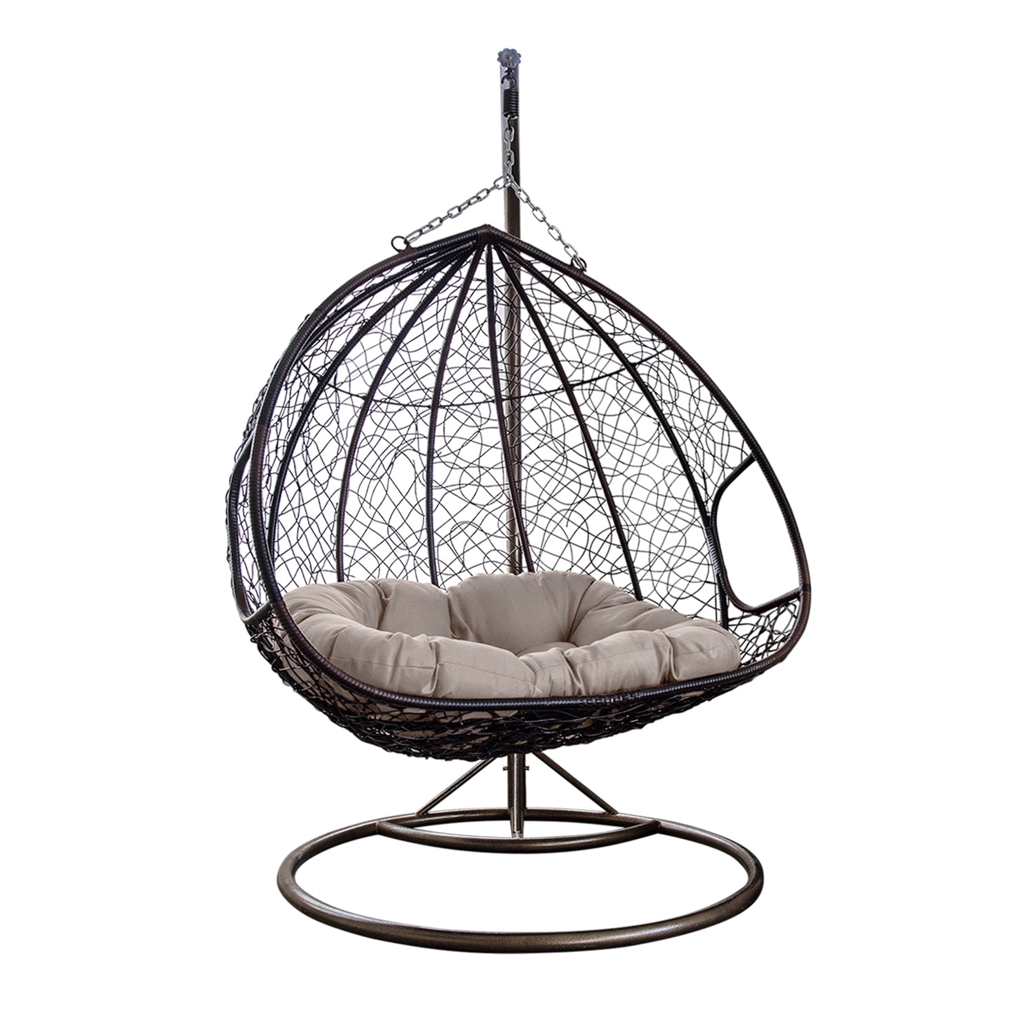 Decor Double Seats Lover Seats Couple Seats With Rack Handle Patio Swing Chair Outdoor Wicker Plastic Tear Drop Swing Lounge Chair with Gray Cushion