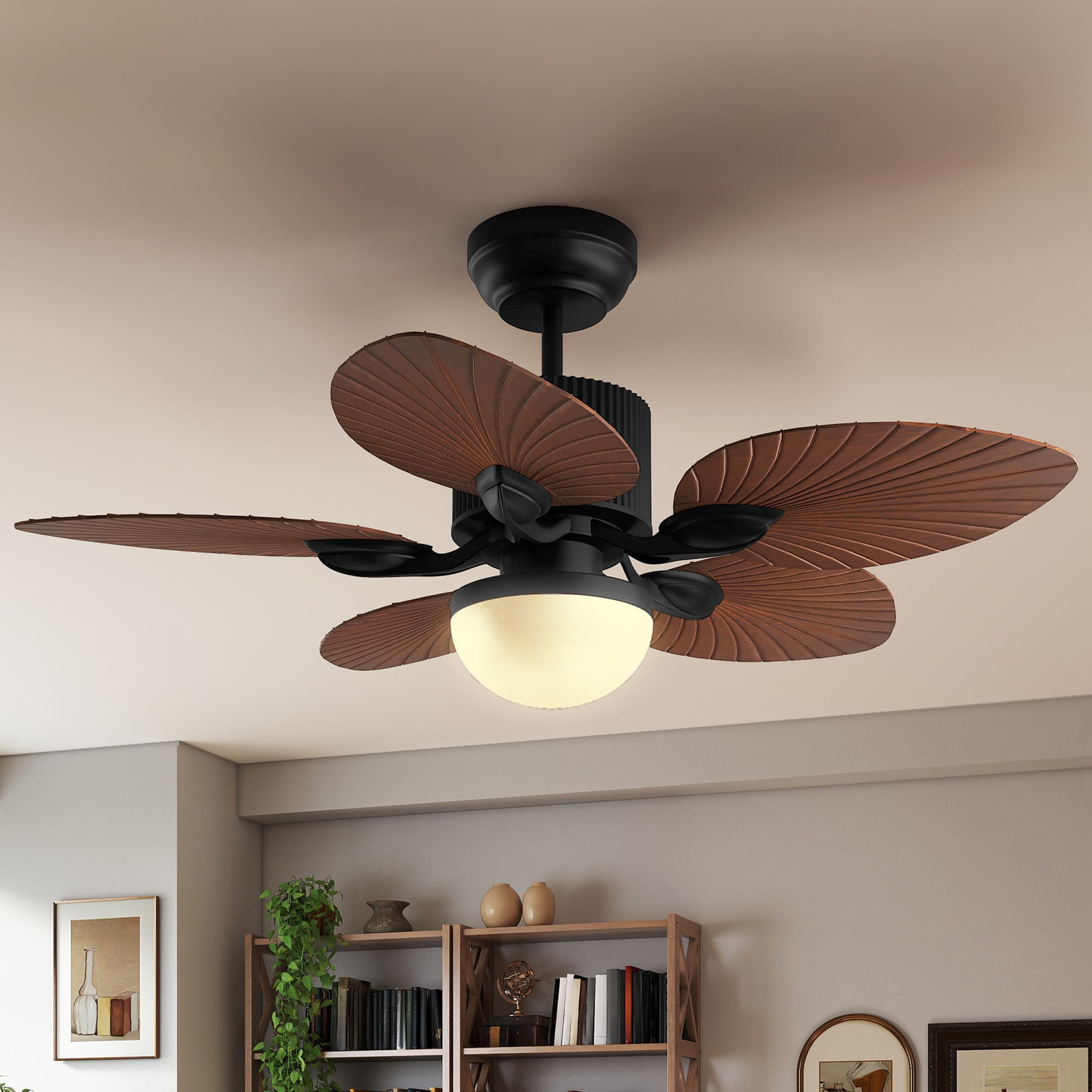 Craftian 44"  Tropical Ceiling Fan with Lights and Remote,5 Palm Leaf Blades, 3-Color LED, Timer & Memory, Indoor/Outdoor - Walnut