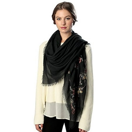 Sassy Scarves Womens Flower Embroidery Square Scarf (Black)