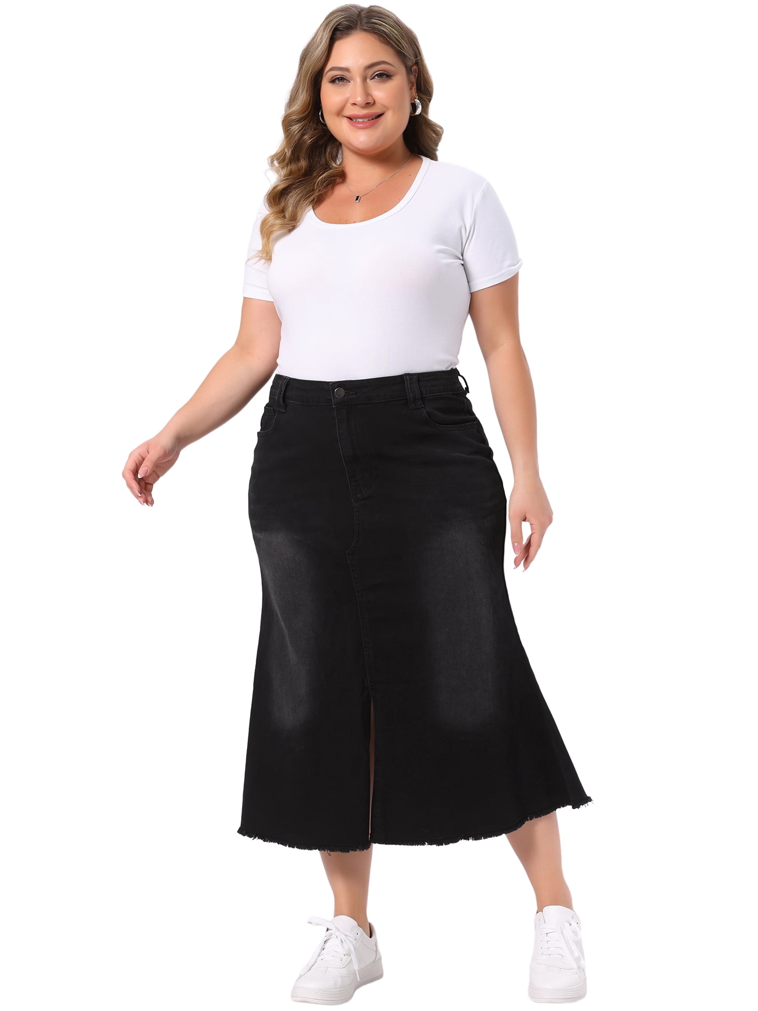 DARING DIVA Women's Plus Stylish Denim Fishtail Midi Jean Skirt with Pockets 4X Black