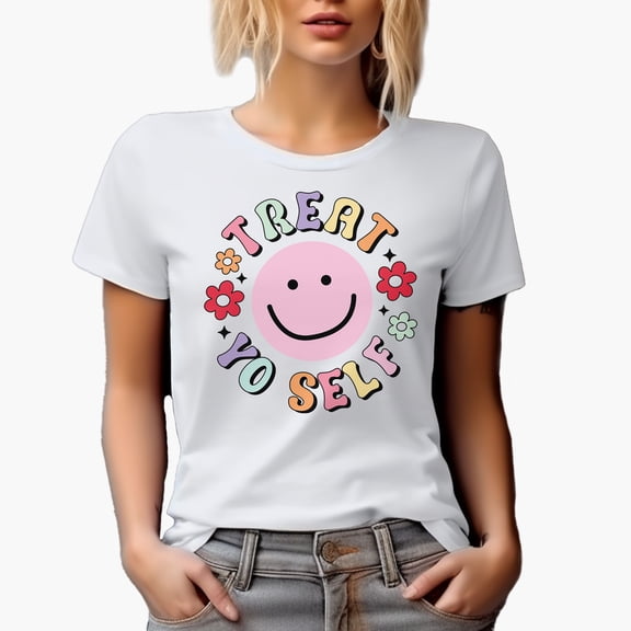 Treat Yo Self with a Happy or Smiling Face and Flowers Art Merch Gift, White T-Shirt, Small