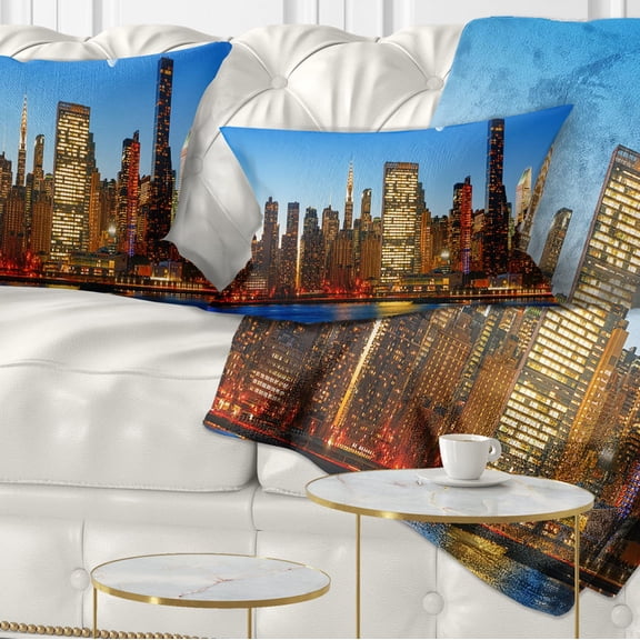 Designart Late Evening NYC Skyline Panorama - Cityscape Photo Throw Pillow - 12x20
