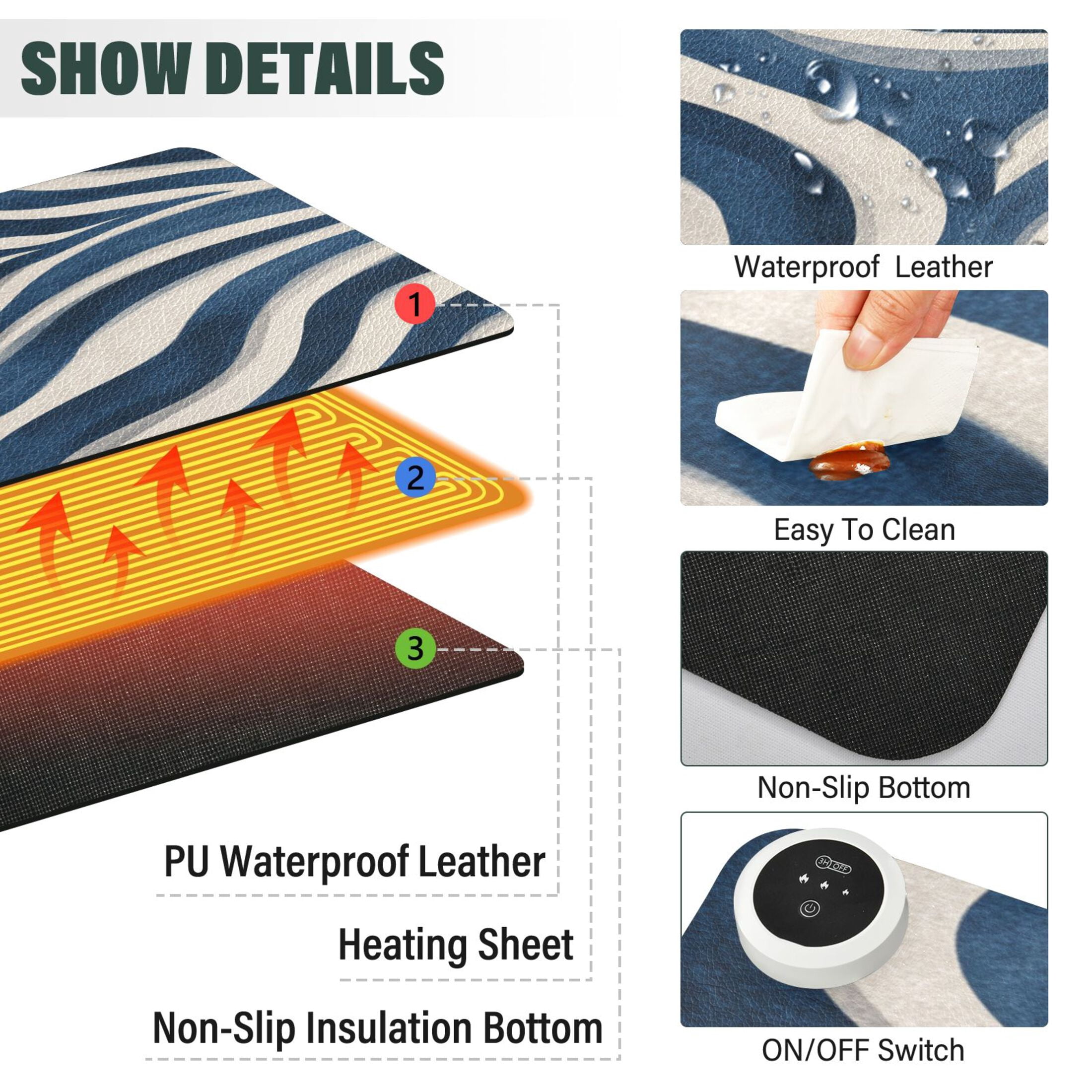 Large Heated Desk Mat Mouse Pad 31.5"x13"PU Leather Graphene Heating Desk Warmer with 3 Temperature Settings 110V US Plug Non-Slip Warm Pad for Home, Office, and Gaming Dark Blue Zebra Stripes