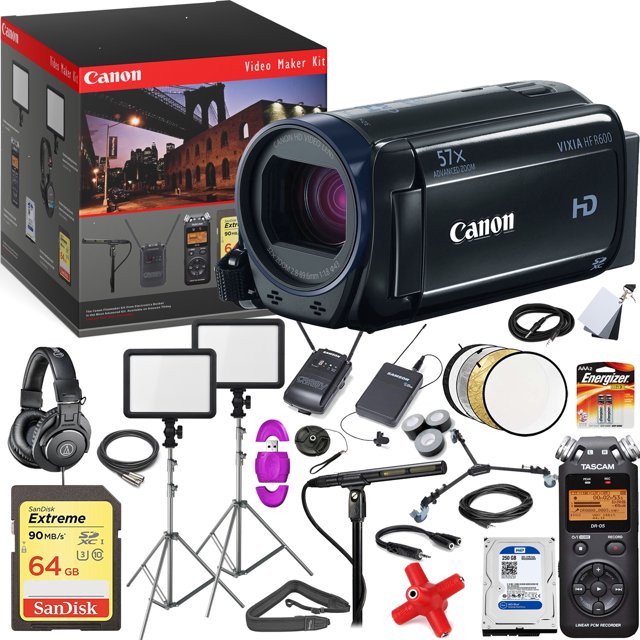 Canon VIXIA HF R600 Full HD Camcorder (Black) - Advanced Video Maker Kit - Includes Pro Mic - LED Lights w/ Stands - Headphones - Spare HDD - Wireless LAV System - with Memory Card Canon 0280C001-32