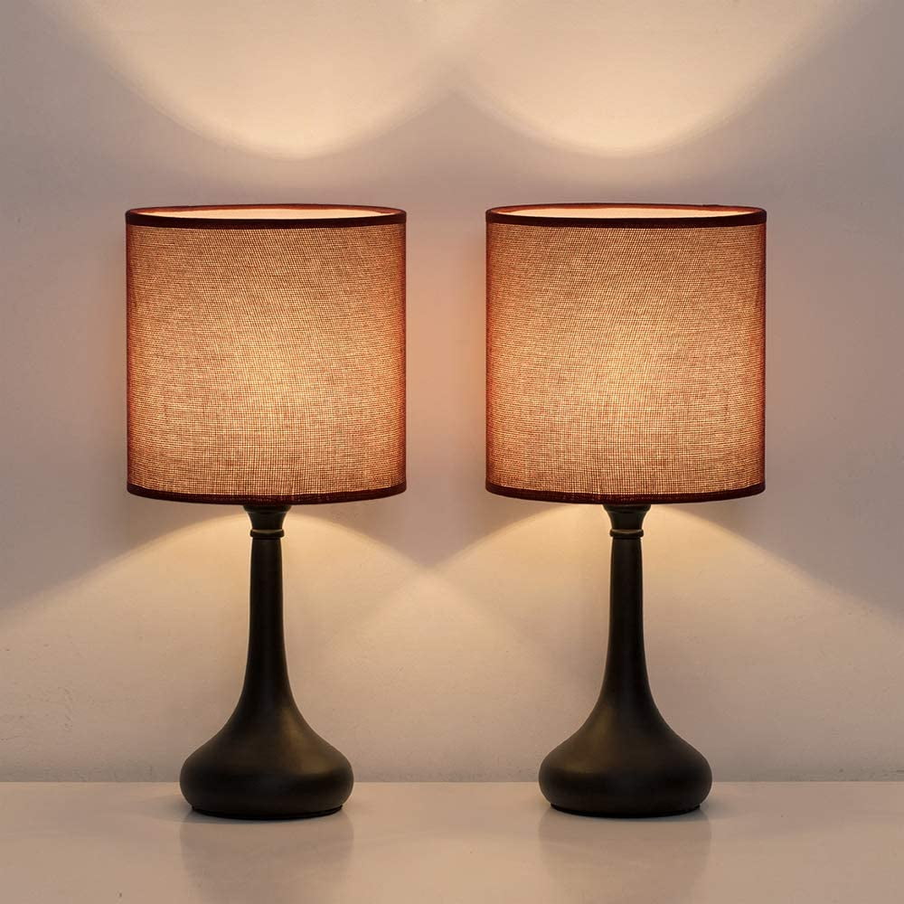 Modern Nightstand Lamps Set of 2 with Black Metal Base and Red Fabric