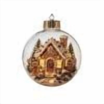 Light Up Story Ornament Ball, Compact Bauble with a gingerbread house winter scene, for Tree Mantel and Holiday Decor