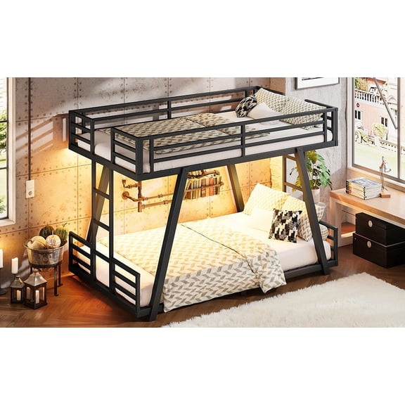 Bellemave Twin XL over Twin XL Bunk Bed with 2 Side Ladders, Metal Bunk Bed with Spdcial Support Leg Design, Low Profile Bunk Bed, Black